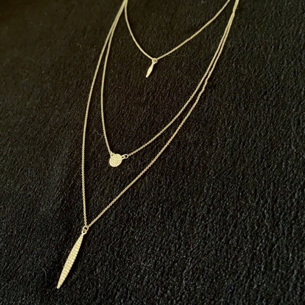 Ann Taylor Signed Necklace Triple Strand Goldtone Chain Crystals Charm Pendant
